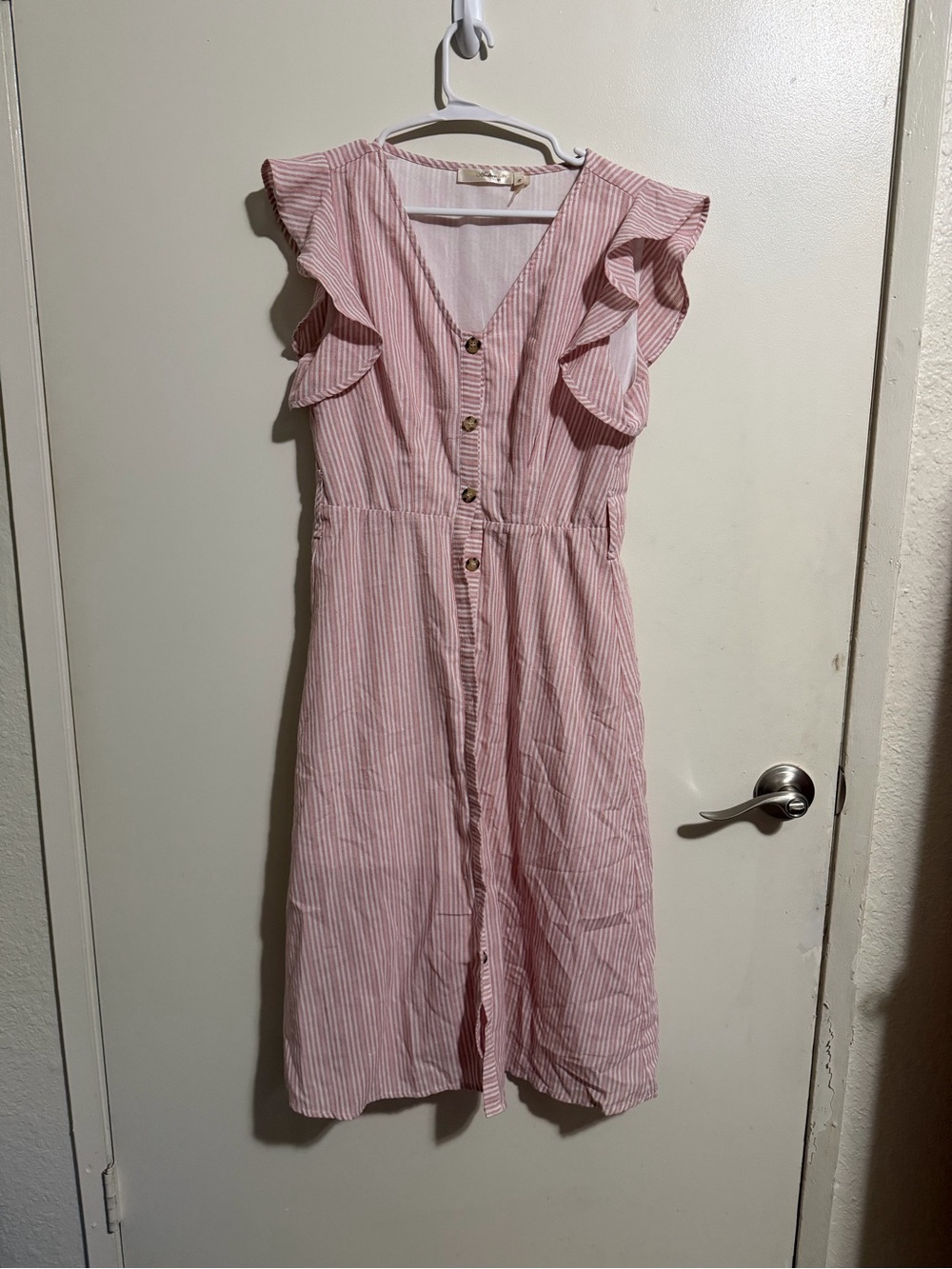 ANDREE BY UNIT Pink Striped Midi Dress with Ruffle Sleeves